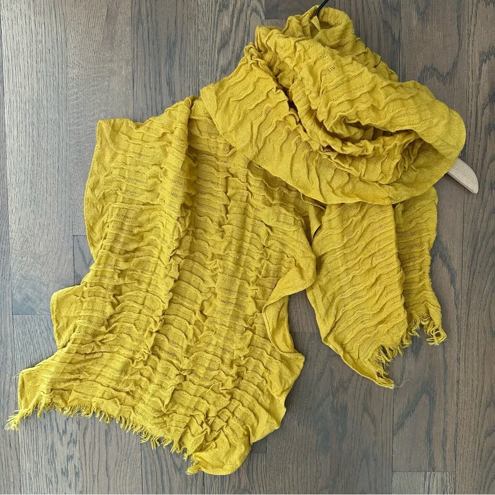 Eileen Fisher Gauze Stretch Wool Blend Ruffle Oblong Scarf Mustard Yellow 68